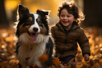 little boy and his dog playing outside during autumn, best friends dog and child - obrazy, fototapety, plakaty