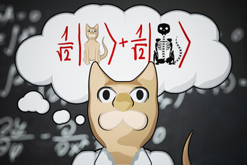 Scientist cat is thinking about Schroedinger cat experiment. Cat is dead and alive. Quantum physics concept.