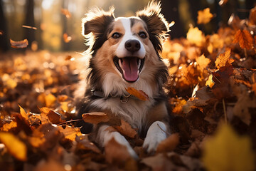 dog in autumn park having fun 