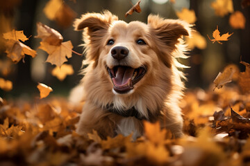 happy dog having fun playing with autumn leaves