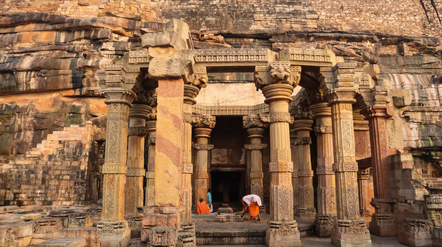 The Beautiful Carving Pillars Outside of the Neelkanth Mahadev Temple, 5th Century Temple of Gupta Dynasty, Kalinjar Fort, Uttar Pradesh, India.
