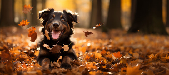 dog in autumn park, leaves on the ground, copy space