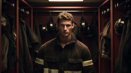 Fototapeta na wymiar Portrait of young firefighter standing in locker room. Search and rescue safety concept