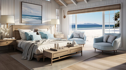 Fototapeta na wymiar Modern Bedroom Elegance in Coastal Style