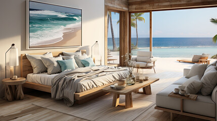 Fototapeta na wymiar Modern Bedroom Elegance in Coastal Style