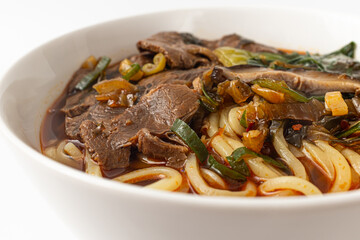 Taiwanese beef noodle on white background