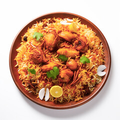 Mouthwatering Hyderabadi Chicken Biriyani Image with white background Generative Ai