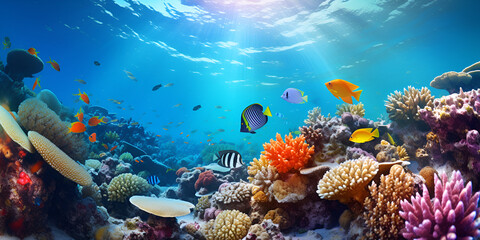 Naklejka na ściany i meble Underwater scene with coral reef underwater blue tropical seabed with reef and sunbe, A picture of a coral reef with fish and sun rays, A coral reef with fish and corals, generative Ai