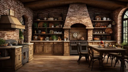 Foto op Canvas Rustic farmhouse kitchen, stylish spacious cooking area, interior design © AlexCaelus