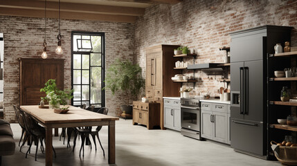 Rustic farmhouse kitchen, stylish spacious cooking area, interior design - obrazy, fototapety, plakaty