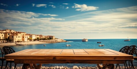 Seaside serenity. Relaxing by blue sea. Coastal escape. Wooden table with ocean view. Aqua oasis. Summer vibes at beach