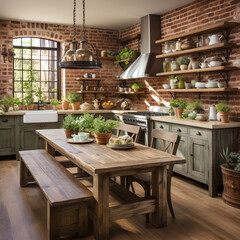 Fototapeta na wymiar Rustic farmhouse kitchen, stylish spacious cooking area, interior design