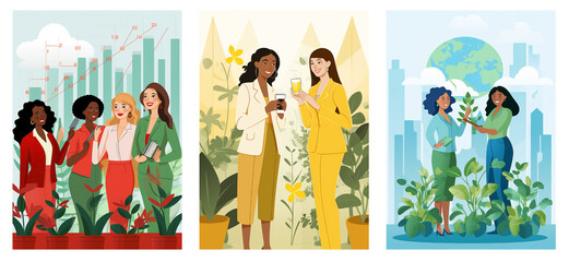A set of three vibrant illustrations featuring a diverse group of cheerful businesswomen implementing green initiatives in their companies. Highlighting sustainable entrepreneurship and diversity.