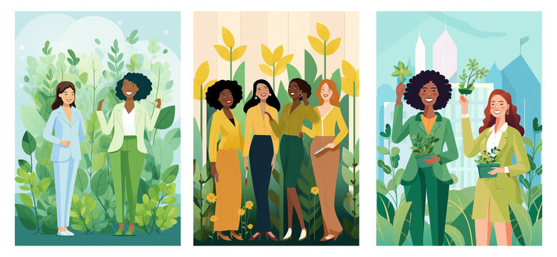 A set of three vibrant illustrations featuring a diverse group of cheerful businesswomen implementing green initiatives in their companies. Highlighting sustainable entrepreneurship and diversity.