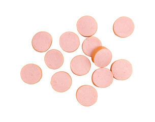 slices of fresh boiled sausages isolated on white background with clipping path, top view