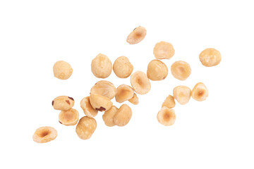 Fototapeta na wymiar heap of roasted peeled hazelnuts isolated on white background with clipping path, top view, concept of healthy breakfast, vegan food