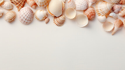 Fototapeta na wymiar Top view seashells on a white background, marine banner with copy space