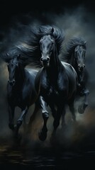 Black stallions run in winter snow. Close up. Front view