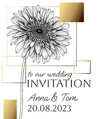 Vector invitation template with gerbera flower in engraving style