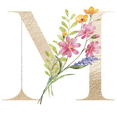 Floral alphabet, letter M with watercolor flowers and leaf. Monogram initials perfectly for wedding invitations, greeting card, logo, poster and other design. Hand painting.