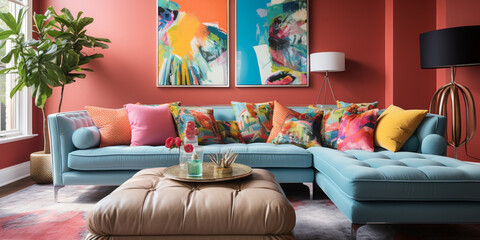 Furnished Modern Living room, bright blue and pink color palette, interior design