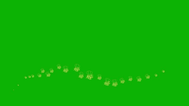 Animated funny golden symbol of flying bees. A wave of insects. Icons of bee fly from left to right. Looped video. Flat vector illustration isolated on a green background.