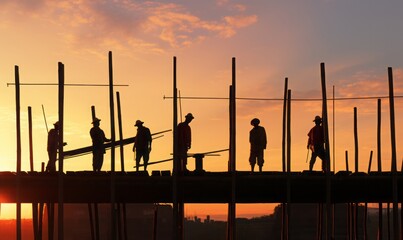 Silhouetted Construction Workers Collaborate on a Building at Sunset, Symbolizing Teamwork and the Ongoing Progress of Urban Development Amidst the Evening Sky
