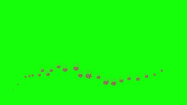 Animated funny magenta symbol of flying bees. A pink wave of insects. Icons of bee fly from left to right. Looped video. Flat vector illustration isolated on a green background.