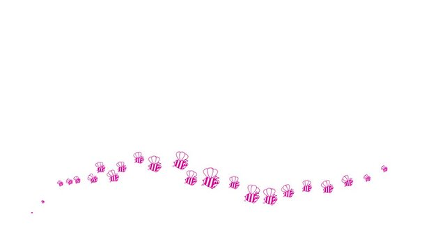 Animated funny magenta symbol of flying bees. A pink wave of insects. Icons of bee fly from left to right. Looped video. Flat vector illustration isolated on a white background.
