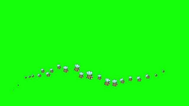 Animated funny symbol of flying bees. A wave of insects. Icons of bee fly from left to right. Looped video. Flat vector illustration isolated on a green background.