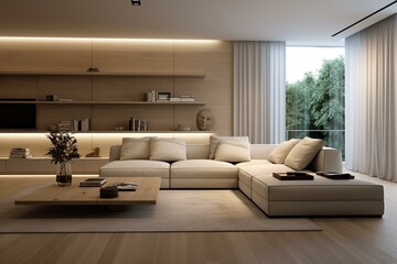 Minimalist living room with comfortable seating. Generative AI