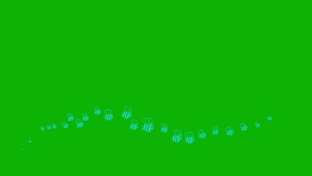 Animated funny blue symbol of flying bees. A wave of insects. Icons of bee fly from left to right. Looped video. Flat vector illustration isolated on a green background.