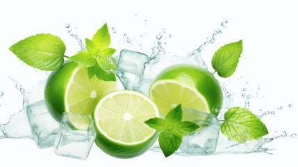 Lime, mint and ice cube on a white background..