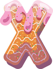 Alphabetical material in the form of gingerbread with icing with a fun atmosphere. Cheerful, multi-colored, glossy, children's alphabet. Colored letters. Vector illustration. Letter X