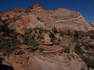 Southwest usa Zion National Park The main part of the park is Zion Canyon surrounded by the walls of the Deertrap, Cathedral and Majestic Mountain mountains. The Virgin River flows through the canyon.