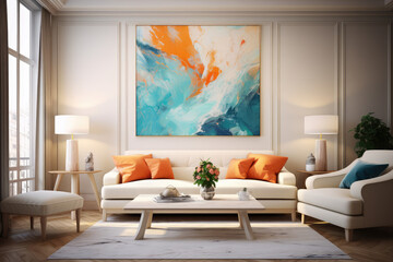 a white living room with tall windows and an abstract painting