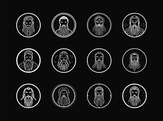 Jesus Christ portrait round icon set, clean logo emblem depicting a bearded sage for religious organizations and spirituality brands. Iconic silhouette design. Vector logo