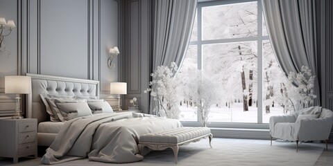 Bedroom Glamour style, 3d realistic render, long curtains on the window