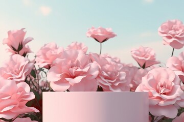 Natural beauty podium backdrop for product display with pink rose flower. 3d render. generative ai.