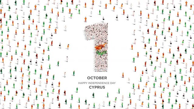 Happy Independence Day Cyprus. A large group of people form to create the number 1 as Cyprus celebrates its Independence Day on the 1st of October. 4K Animation Video.