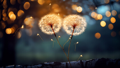 Dandelion Love, Heart-shaped blooms on a tree branch with magical sparkles in the air