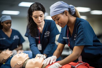 Medical students practicing CPR techniques on a mannequin in a simulation training. - Powered by Adobe