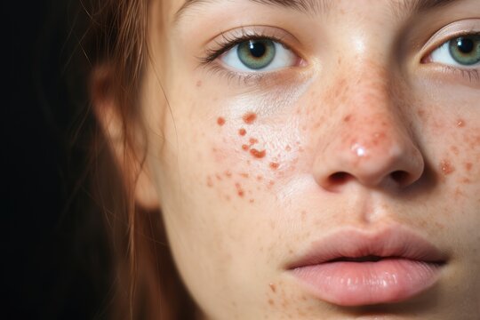 "Girl with problematic skin and acne scars."