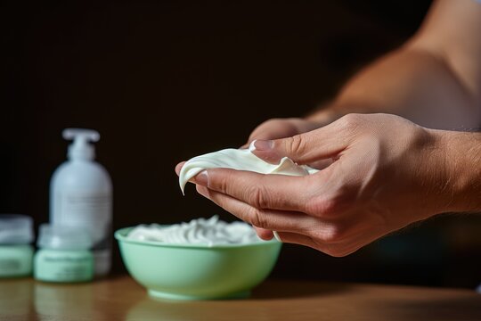 Male hands dispensing a facial mask cream for a skincare routine.