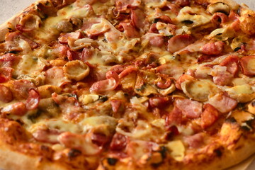 Delicious pizza with sausage, tomatoes and cheese