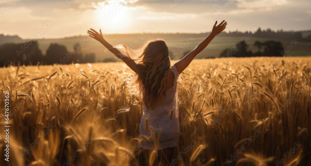 Wall mural Woman worshiping hands raised to the sunset in open field. Religion concept.