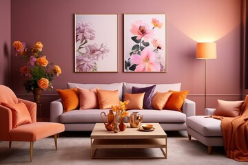 Enhance your living space using this stunning mauve and peach sitting room with vibrant interior design ideas. Generative AI