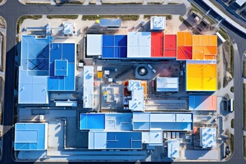 Aerial view of the industrial factory. Top view of distribution warehouse and storage