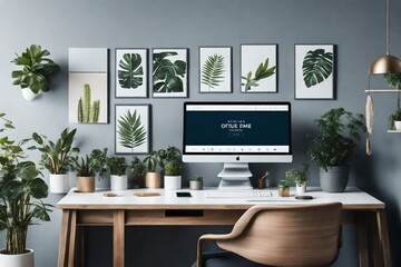 computer on the table with green plants