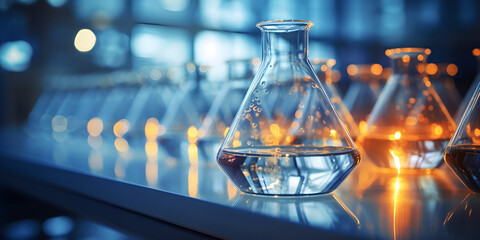 Chemical laboratory concept. Experiment with liquids. Laboratory glassware. 